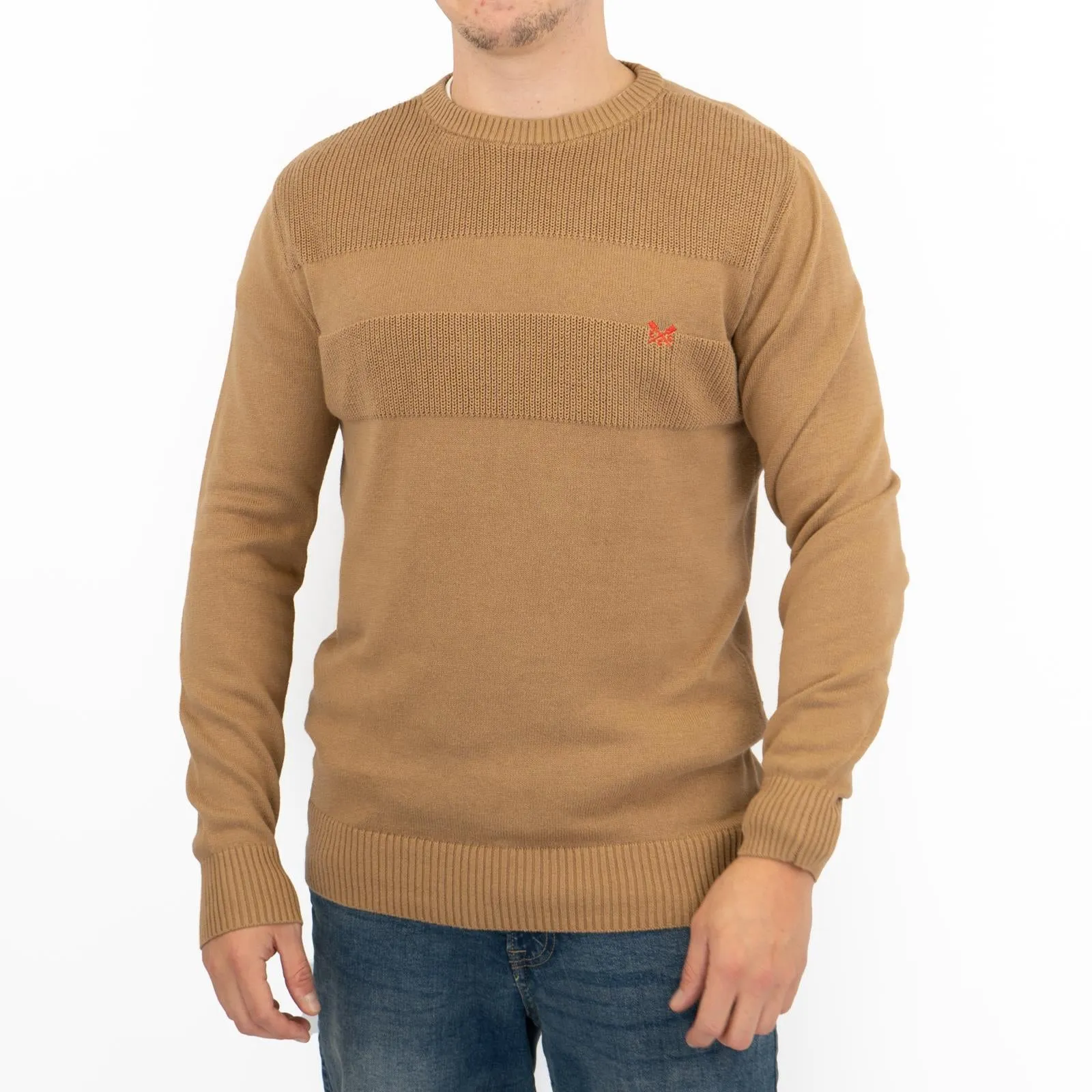 Crew Clothing Mens Rib Knitted Jumper Long Sleeve Brown