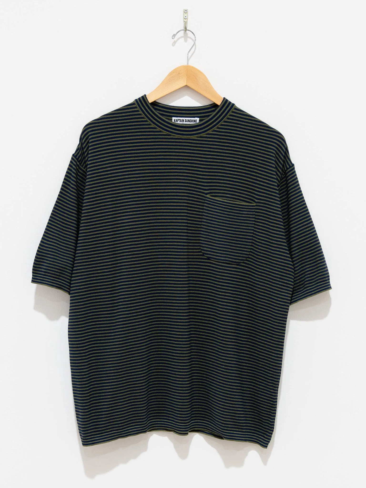 Crewneck Knit Border Pocket Tee - Green/Navy