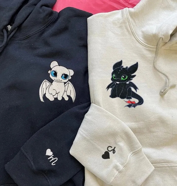 Custom Embroidered Dragon Couple Matching Hoodies - Personalized Matching Sweatshirts For Couples