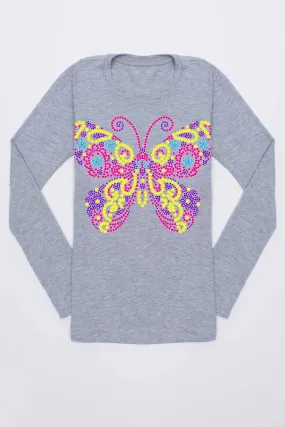 Cute Butterfly Grey Long Sleeve Trendy Tee - Girls