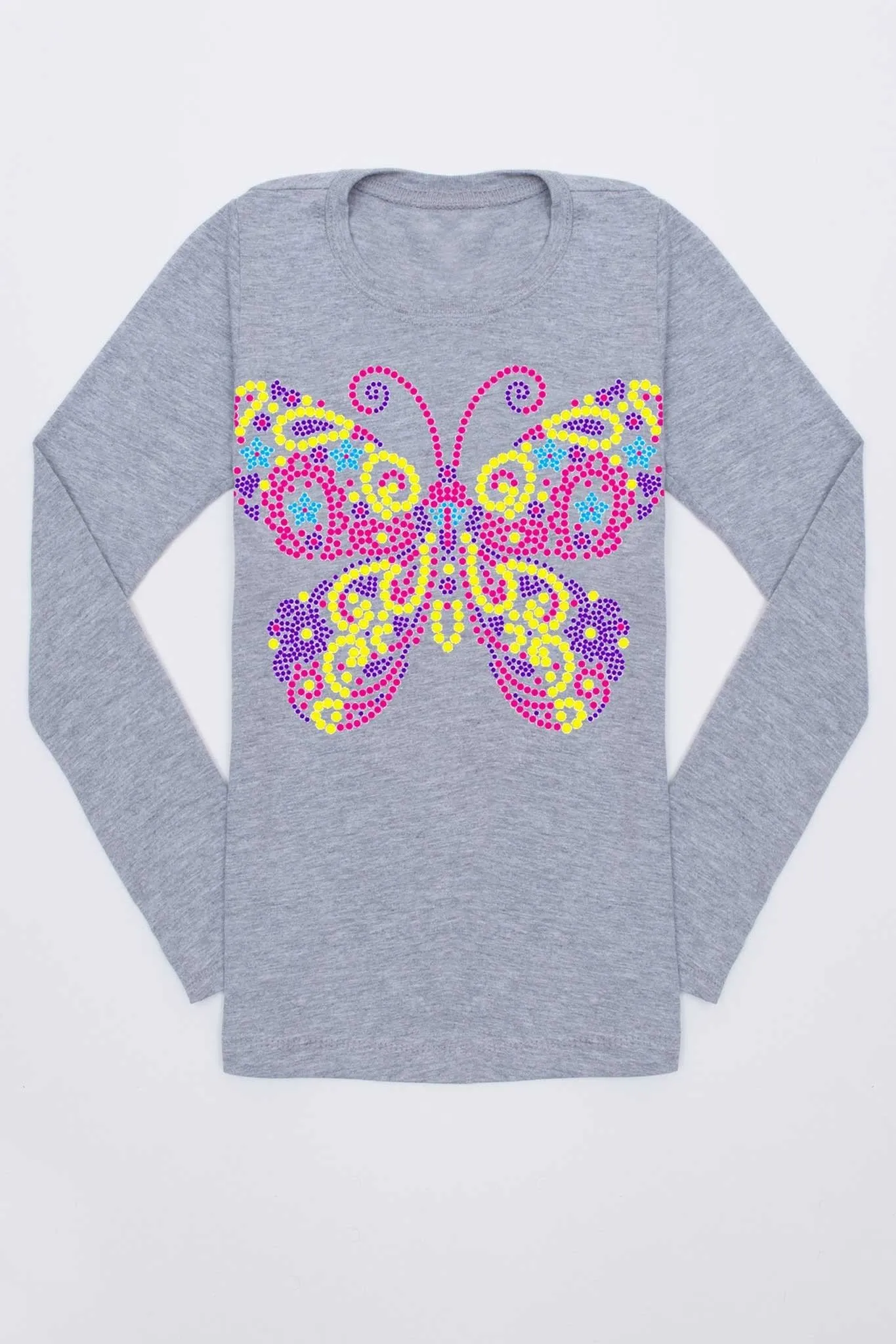 Cute Butterfly Grey Long Sleeve Trendy Tee - Girls