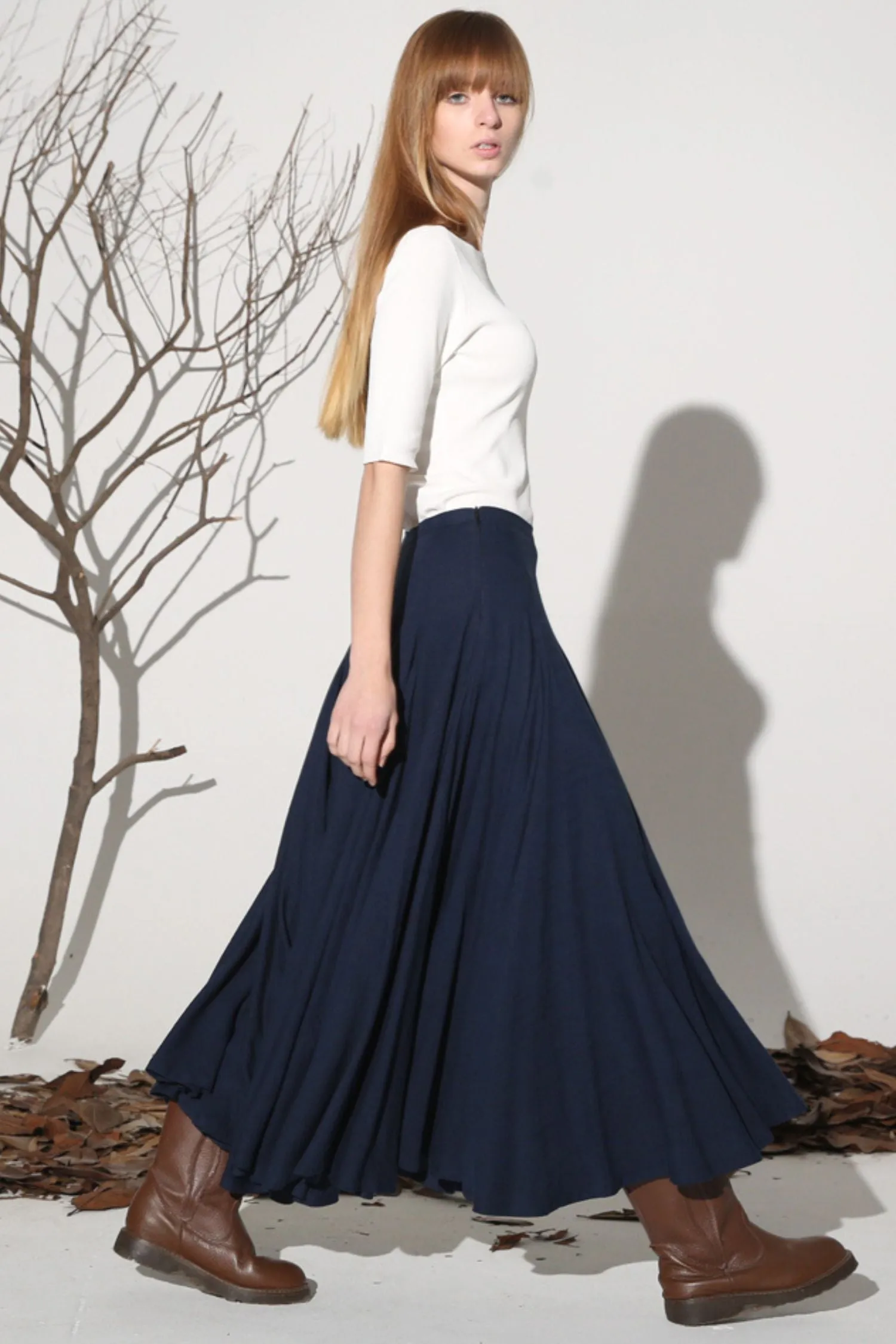 Dark blue linen skirt maxi women skirt 1156