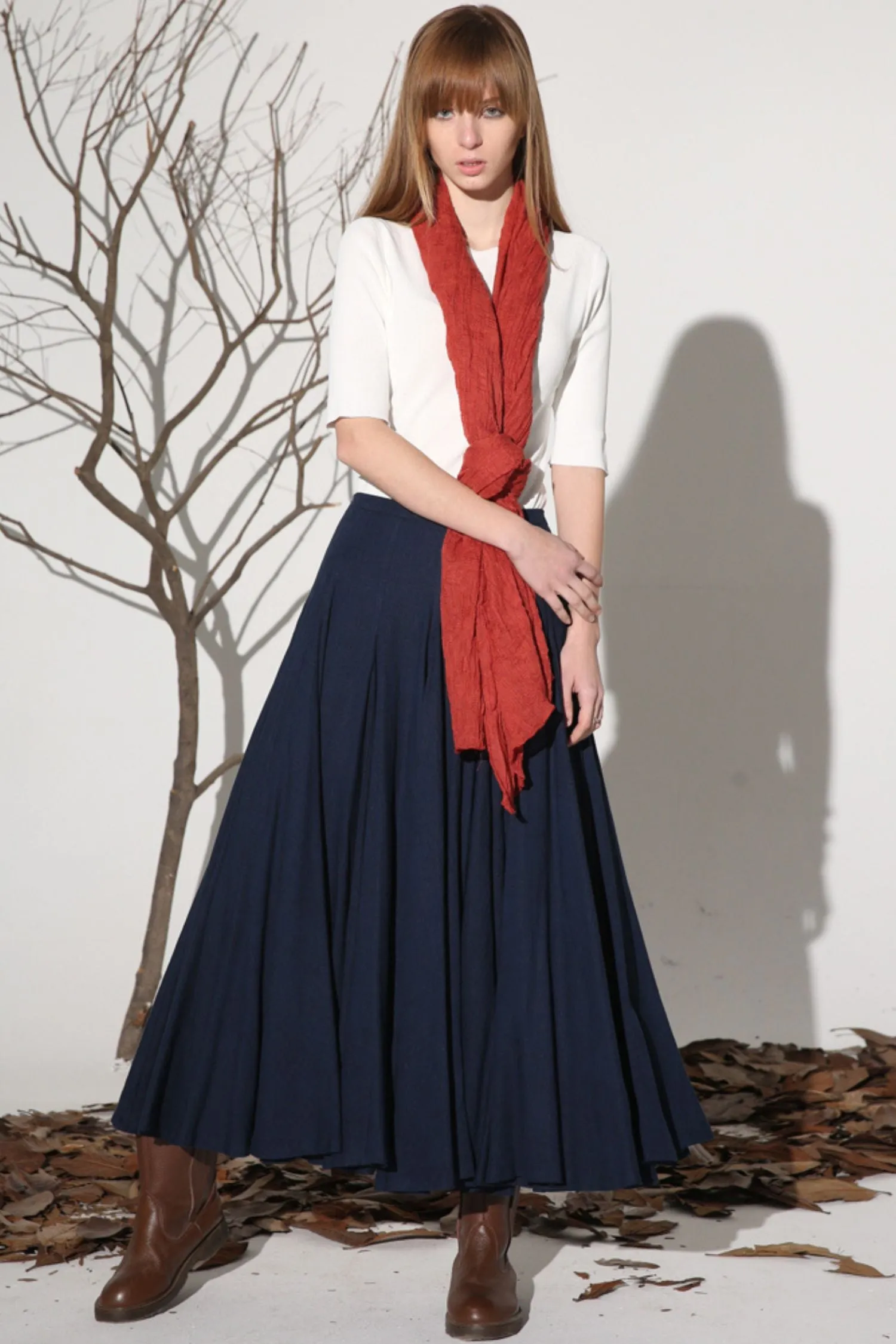 Dark blue linen skirt maxi women skirt 1156