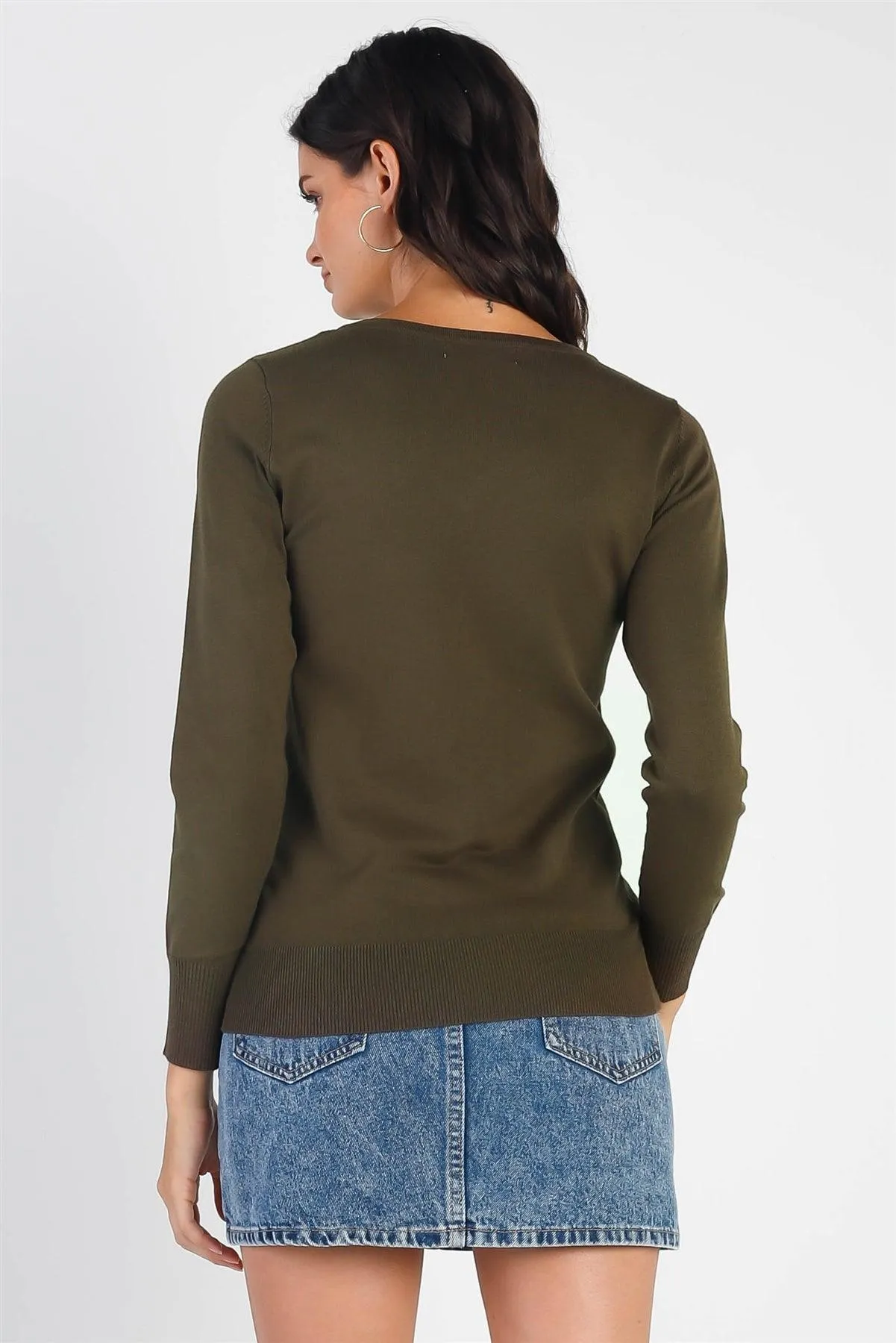 Dark Olive Knit V-Neck Long Sleeve Sweater /1-2-2-1