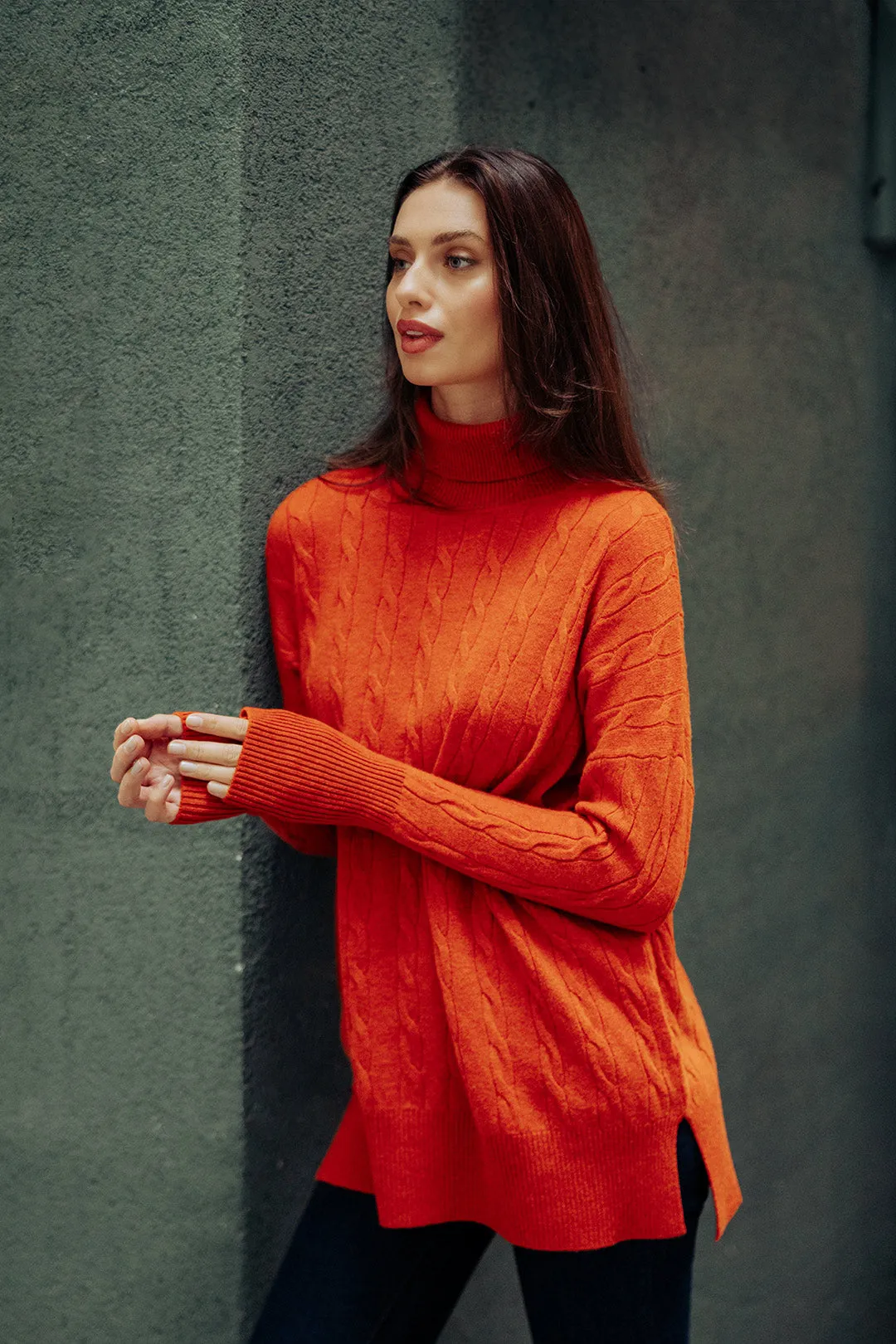 Dark Orange Australian Wool and Cashmere Amelia Hair Braided Turtleneck T-Sleeve Women's Tunic Sweater