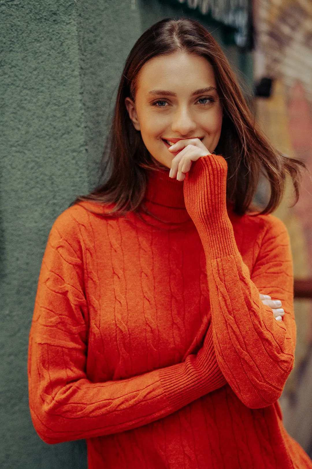 Dark Orange Australian Wool and Cashmere Amelia Hair Braided Turtleneck T-Sleeve Women's Tunic Sweater