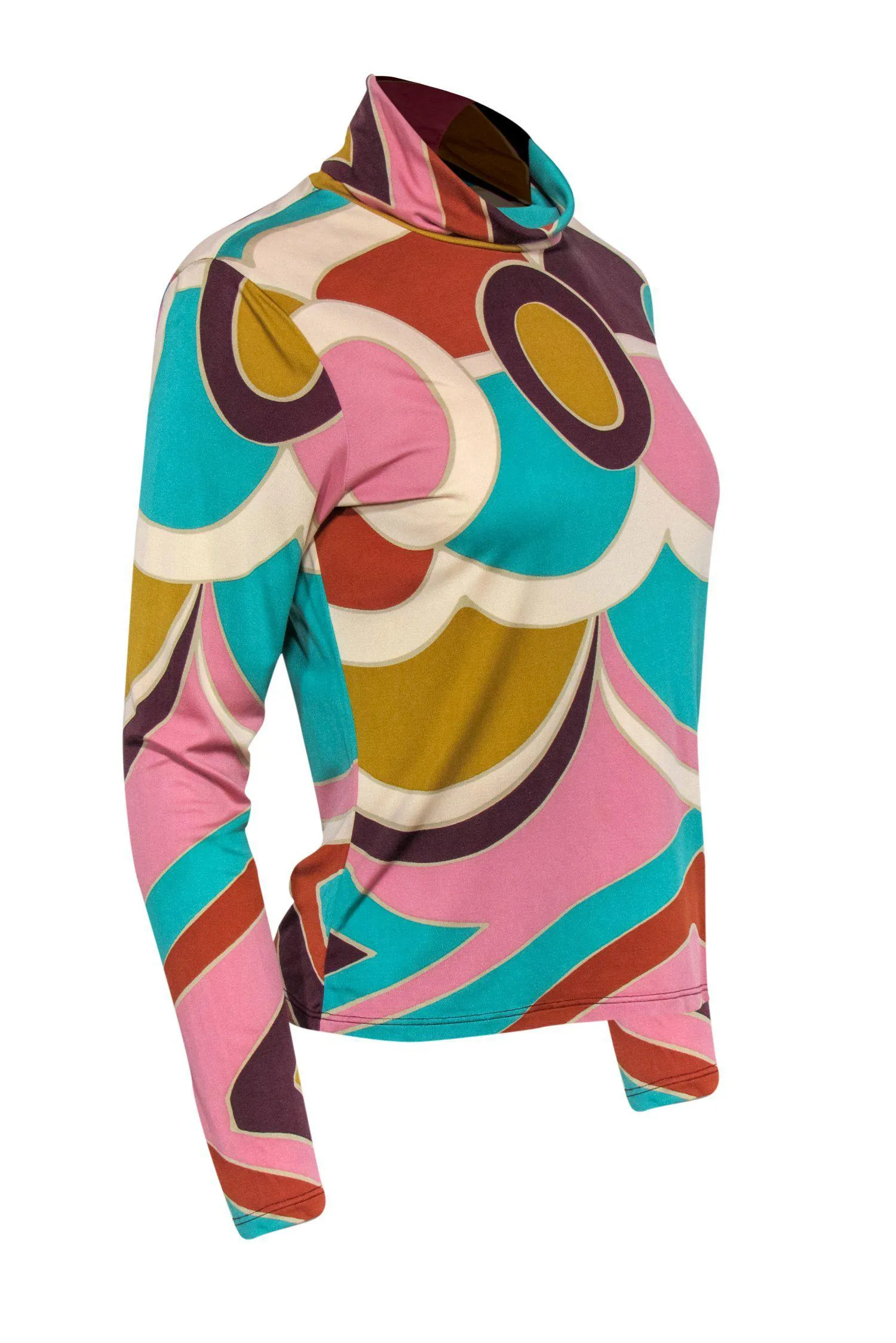 David Meister - Multicolored Geometric Print Silk Turtleneck Sz M