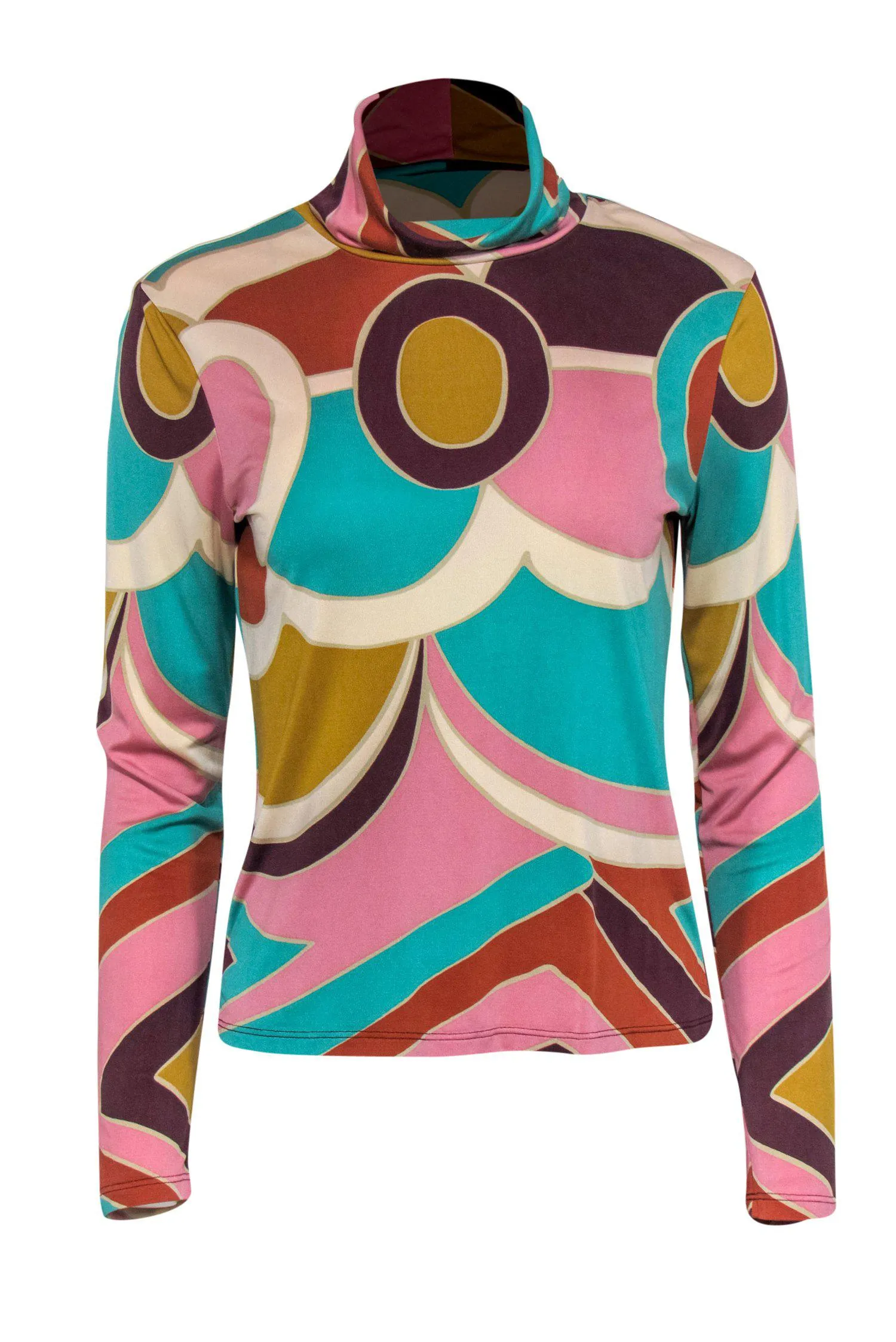 David Meister - Multicolored Geometric Print Silk Turtleneck Sz M