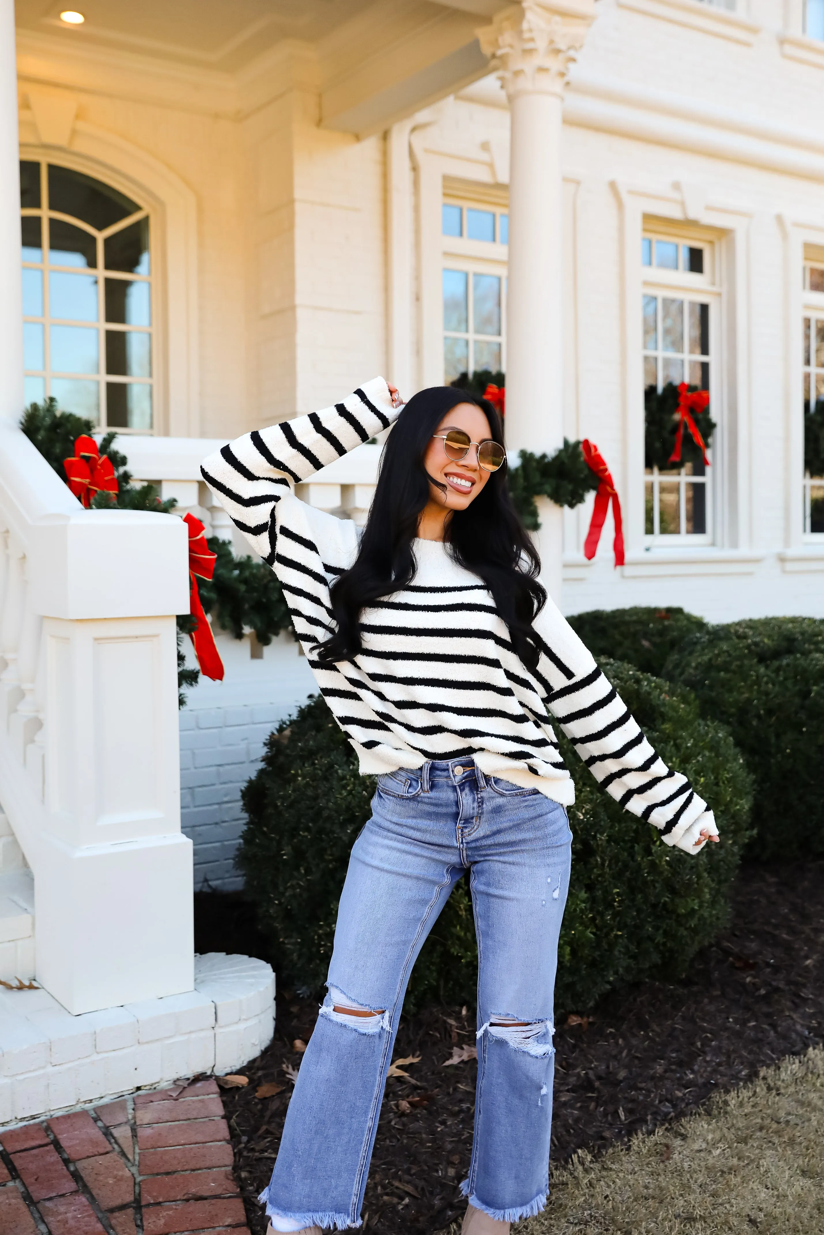 Delightful Weather Cream Striped Fuzzy Knit Sweater