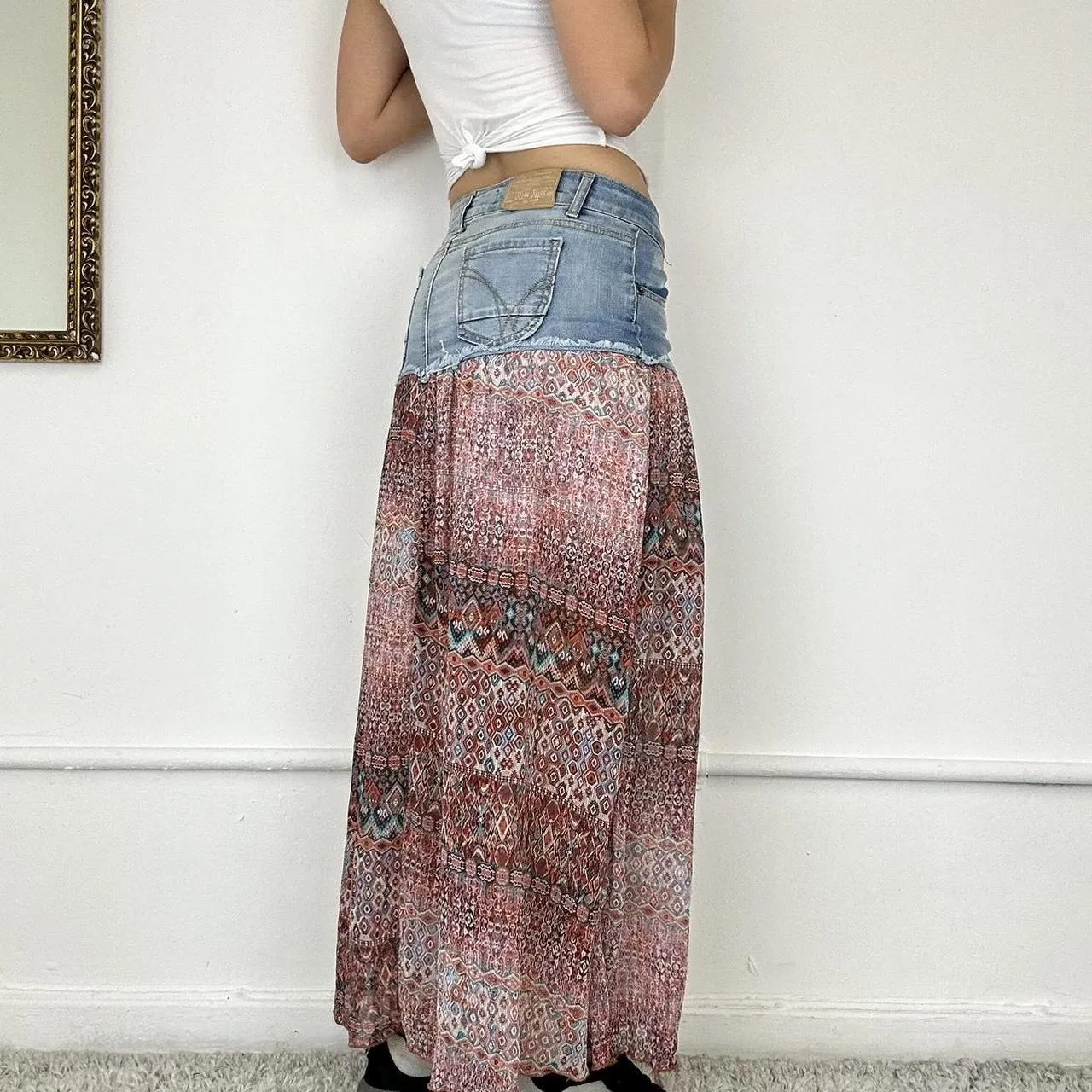 denim and mesh maxi skirt