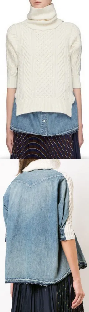 Denim Shirt Panel Turtleneck Sweater