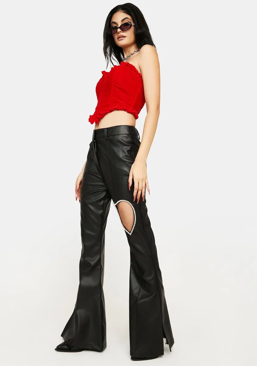 Diamante Heart Cut-Out Vegan Leather Trousers