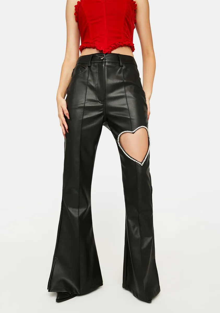 Diamante Heart Cut-Out Vegan Leather Trousers