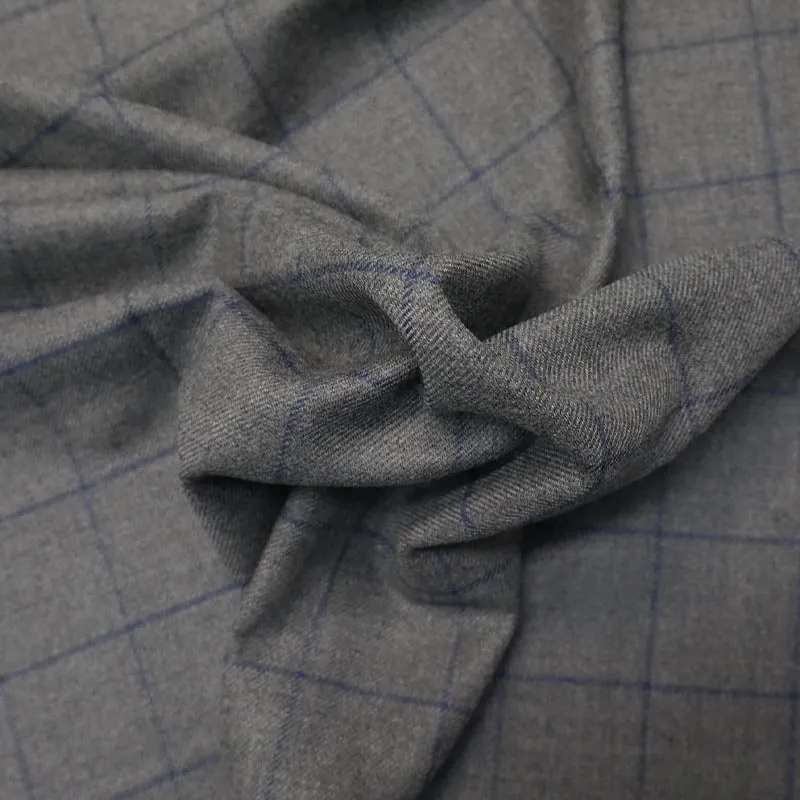 Dressmaking Wool Check - Grey with Navy Windowpane Check