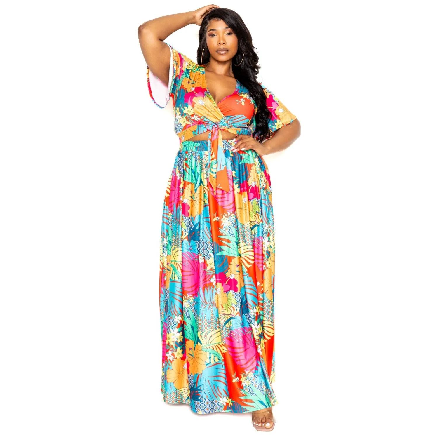 Elegant 2 Piece Plus-size Tropical Floral maxi Skirt & Top set