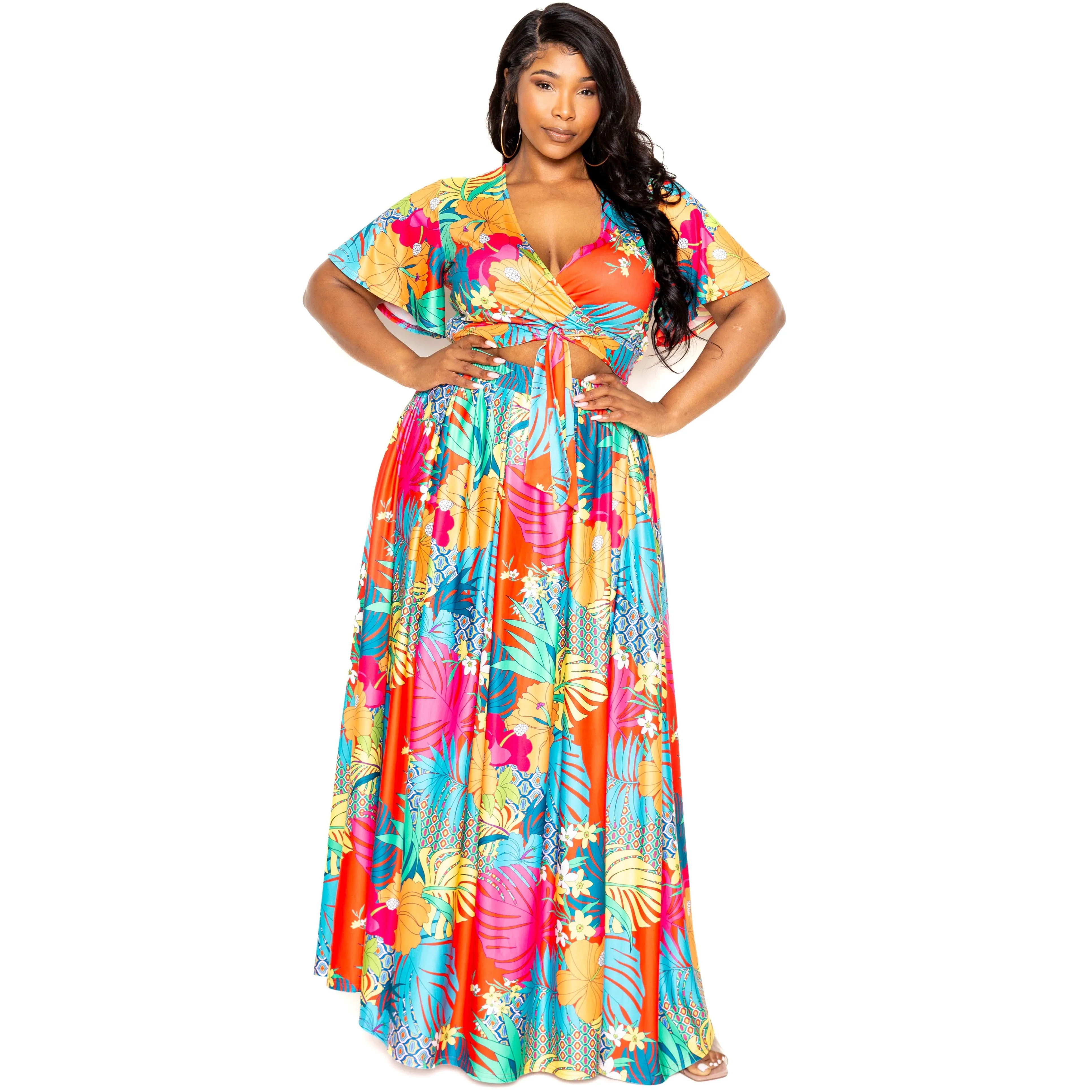 Elegant 2 Piece Plus-size Tropical Floral maxi Skirt & Top set