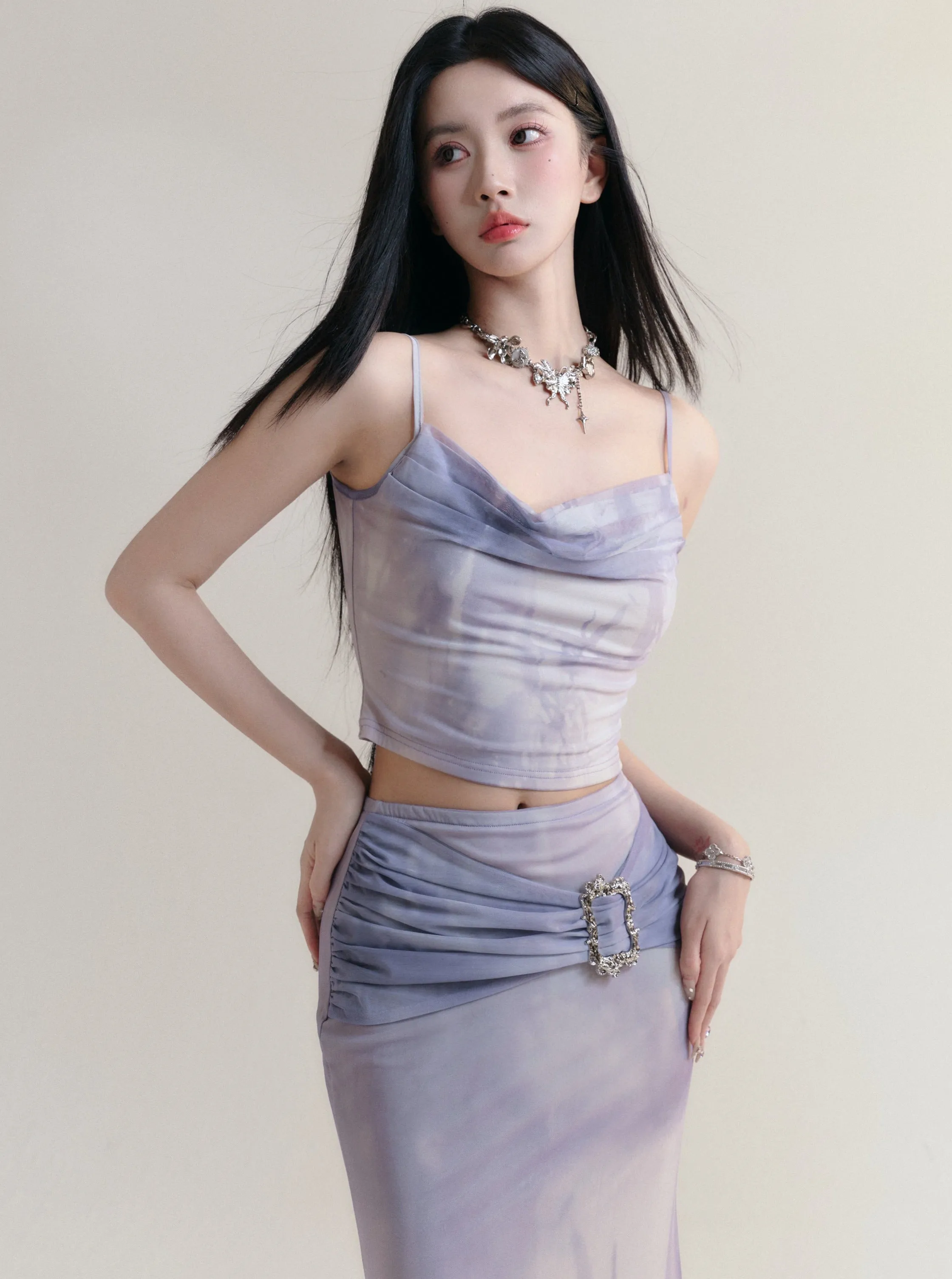 Elegant Lilac Satin Maxi Skirt with Rhinestone Buckle Detail