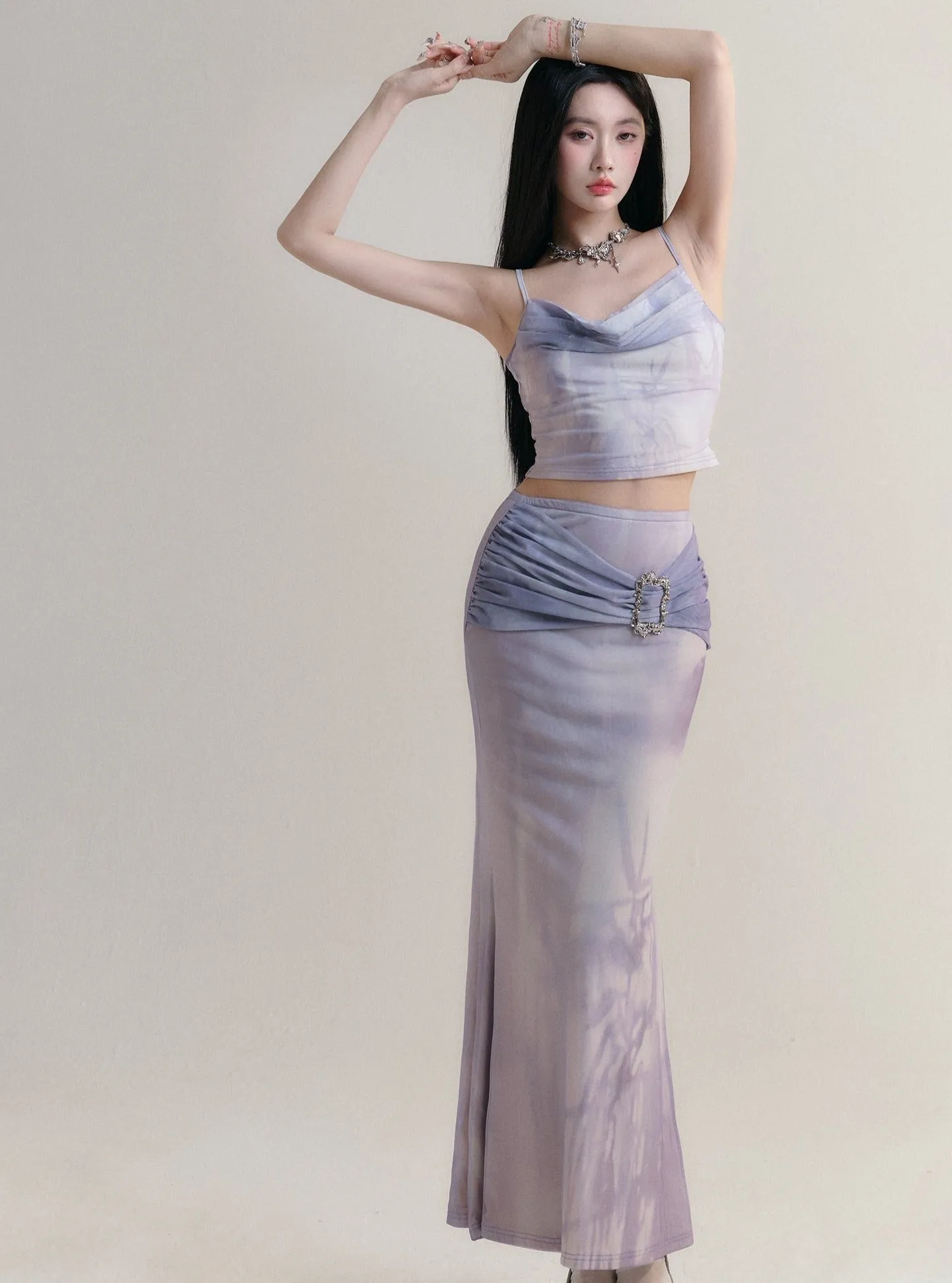 Elegant Lilac Satin Maxi Skirt with Rhinestone Buckle Detail