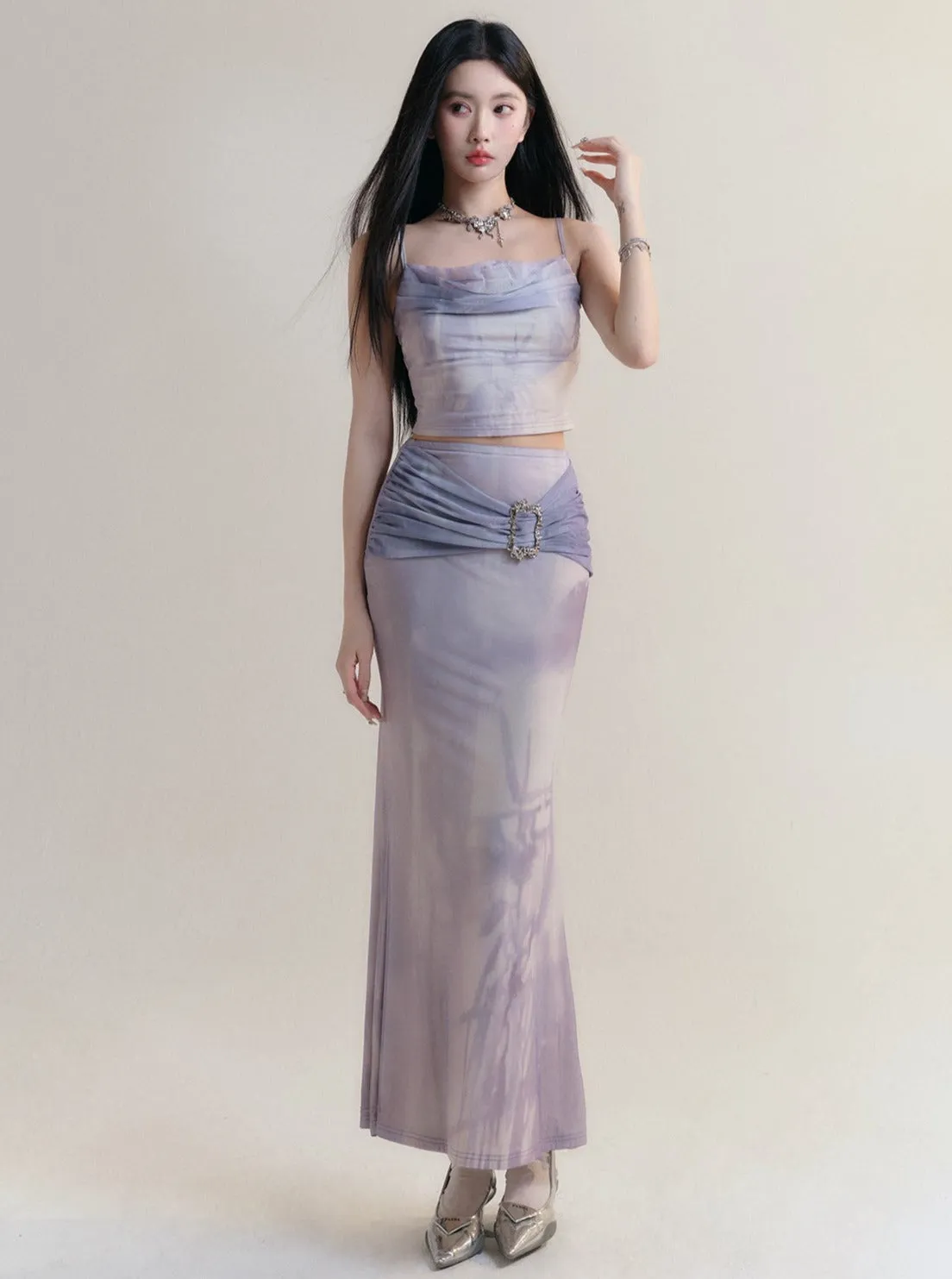 Elegant Lilac Satin Maxi Skirt with Rhinestone Buckle Detail