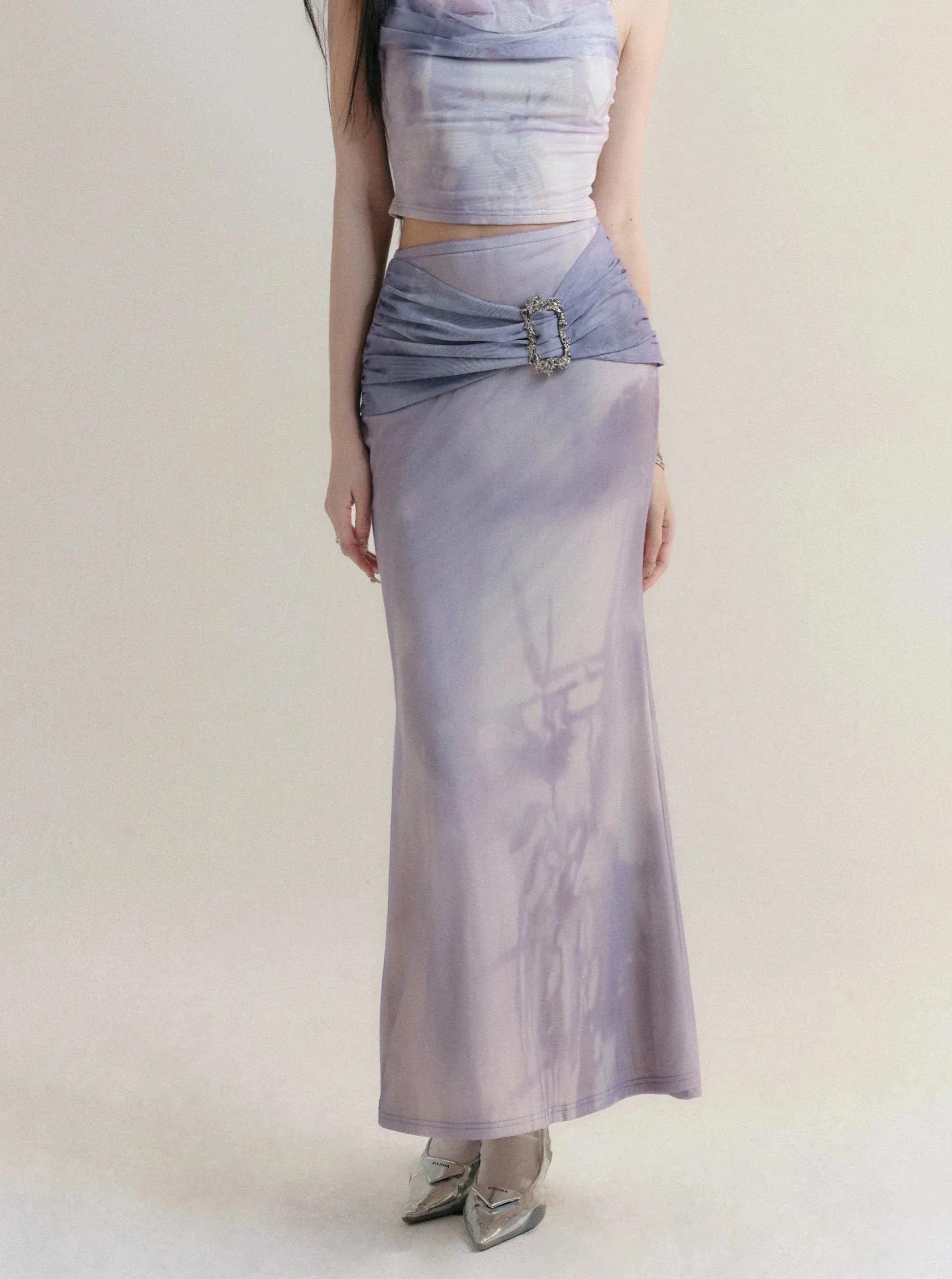 Elegant Lilac Satin Maxi Skirt with Rhinestone Buckle Detail