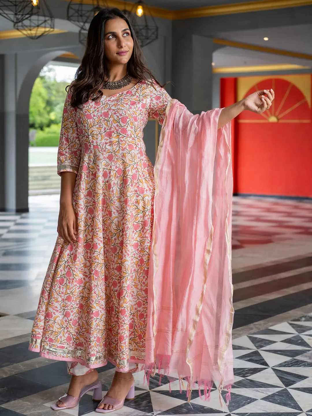 Floral Print Flared A-Line Kurta With Pants & Dupatta