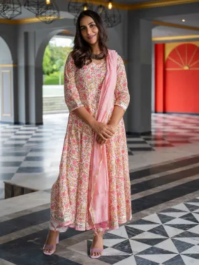 Floral Print Flared A-Line Kurta With Pants & Dupatta