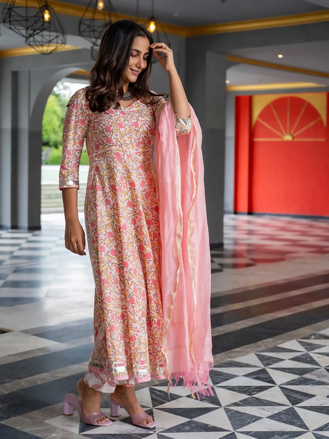 Floral Print Flared A-Line Kurta With Pants & Dupatta