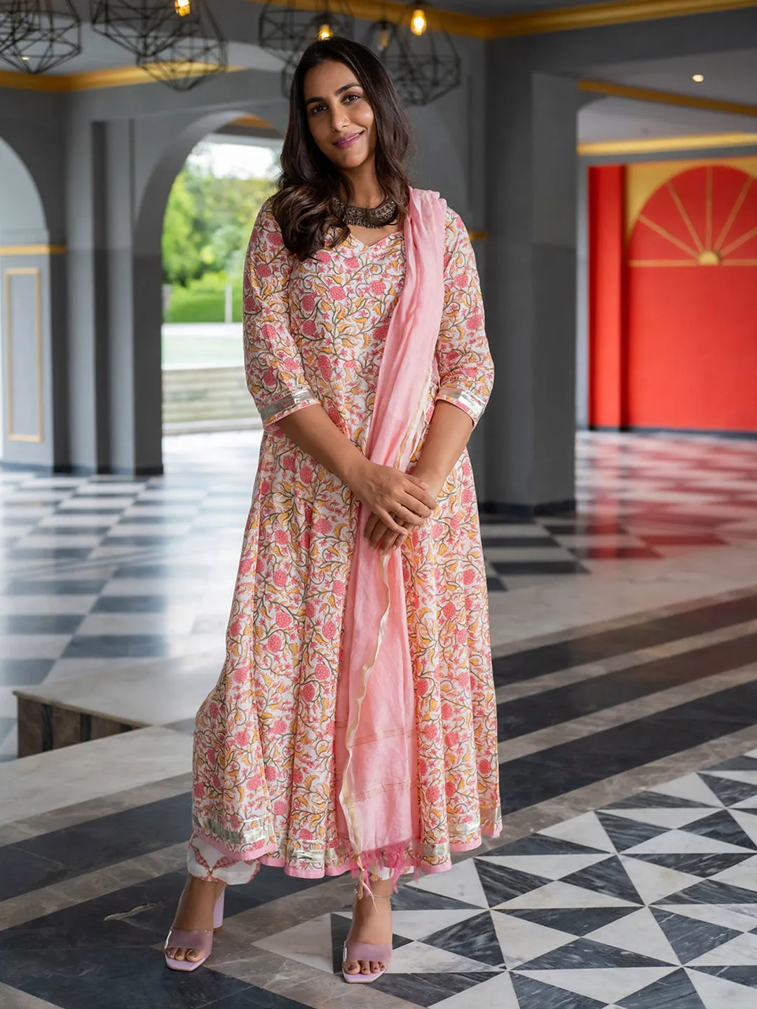 Floral Print Flared A-Line Kurta With Pants & Dupatta