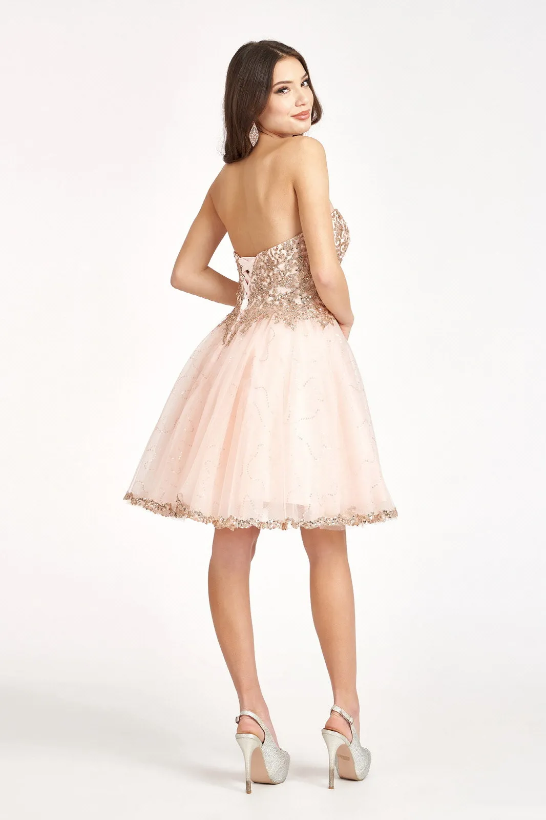 Glitter and Sequin Embellished Bodice Sweetheart Mesh Homecoming Dress