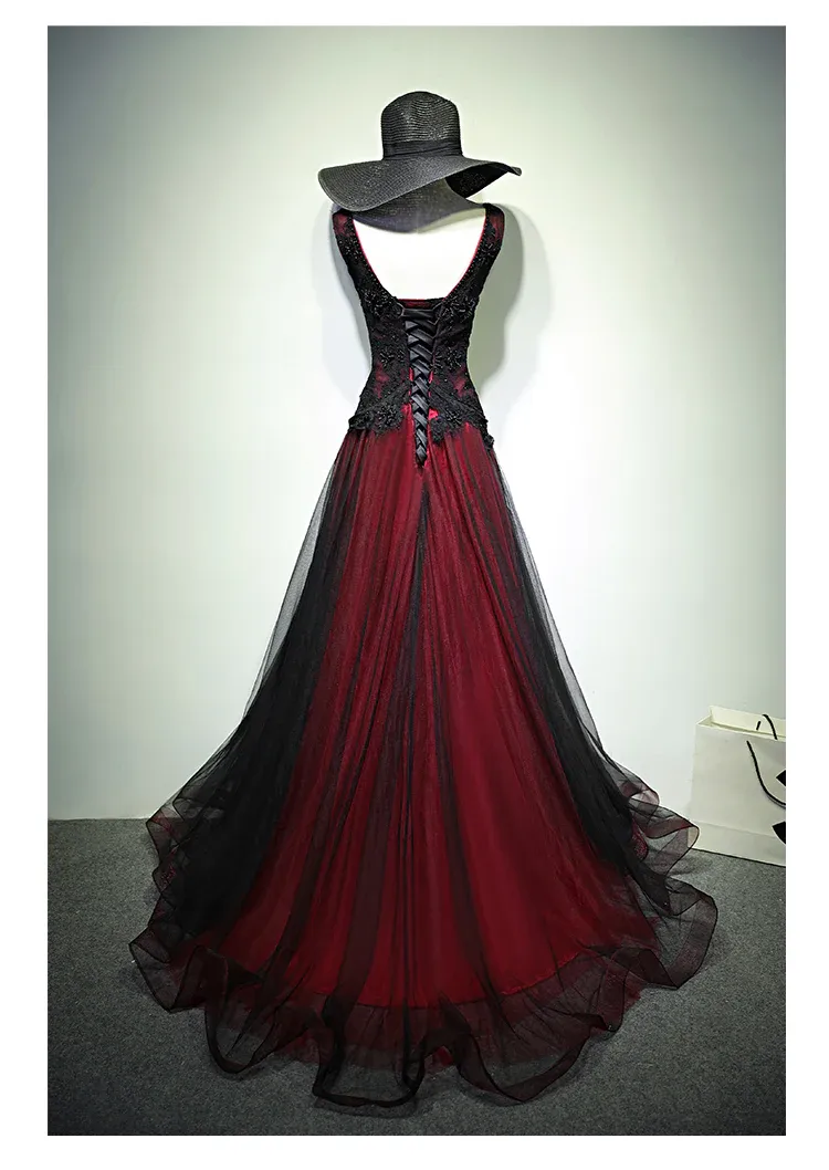 Gorgeous Black And Red V-Neckline Tulle Beaded Prom Dress, Long Evening Gown    fg1880