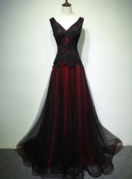 Gorgeous Black And Red V-Neckline Tulle Beaded Prom Dress, Long Evening Gown    fg1880