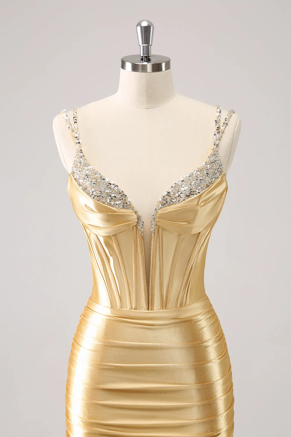 Gorgeous Golden Bodycon Corset Short Metallic Homecoming Dress with Sequins