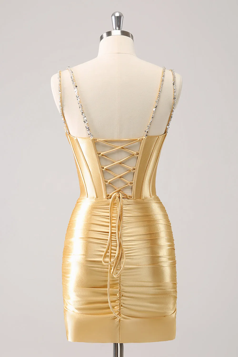 Gorgeous Golden Bodycon Corset Short Metallic Homecoming Dress with Sequins