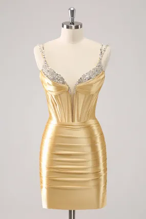 Gorgeous Golden Bodycon Corset Short Metallic Homecoming Dress with Sequins