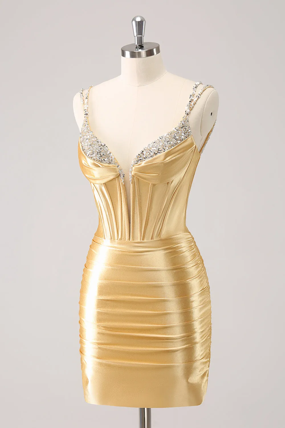 Gorgeous Golden Bodycon Corset Short Metallic Homecoming Dress with Sequins