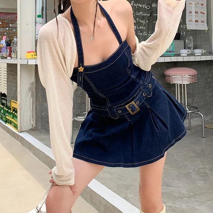 Halter Neck Tube Top Belt A Line Denim Dress