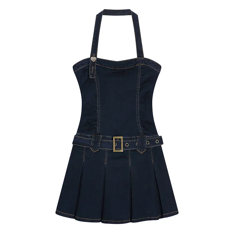 Halter Neck Tube Top Belt A Line Denim Dress