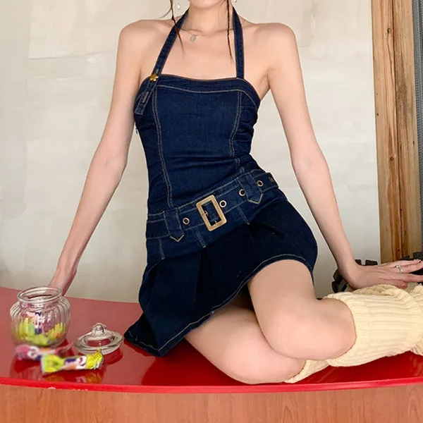 Halter Neck Tube Top Belt A Line Denim Dress