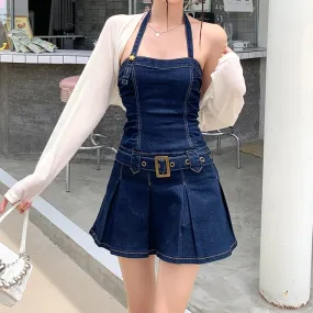 Halter Neck Tube Top Belt A Line Denim Dress