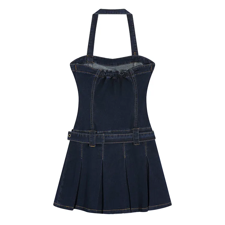 Halter Neck Tube Top Belt A Line Denim Dress