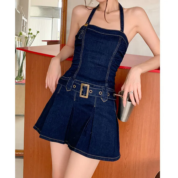 Halter Neck Tube Top Belt A Line Denim Dress