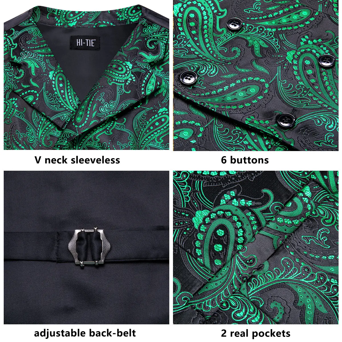 Hi-Tie Black Green Paisley Men's Collar Vest Hanky Cufflinks Tie Set