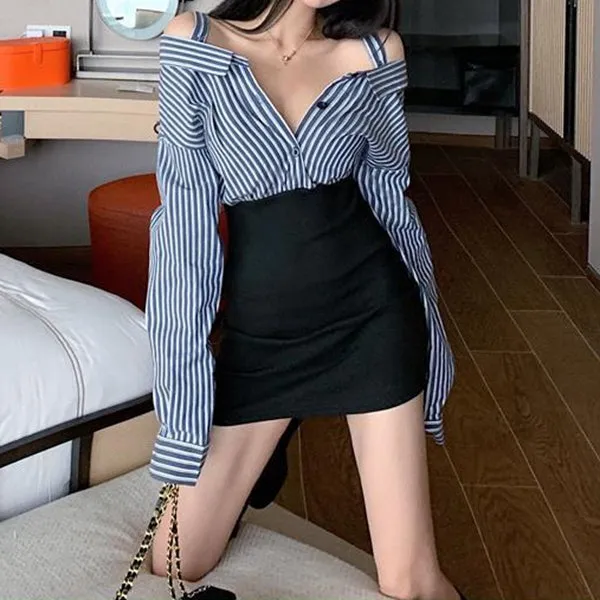 Hip-Covering Off-Shoulder Striped Shirt Dress