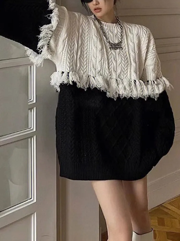 Hit Color Loose Knitting Sweaters For Women Round Neck Long Sleeves Temperament Sweater Female Fashion Clothes