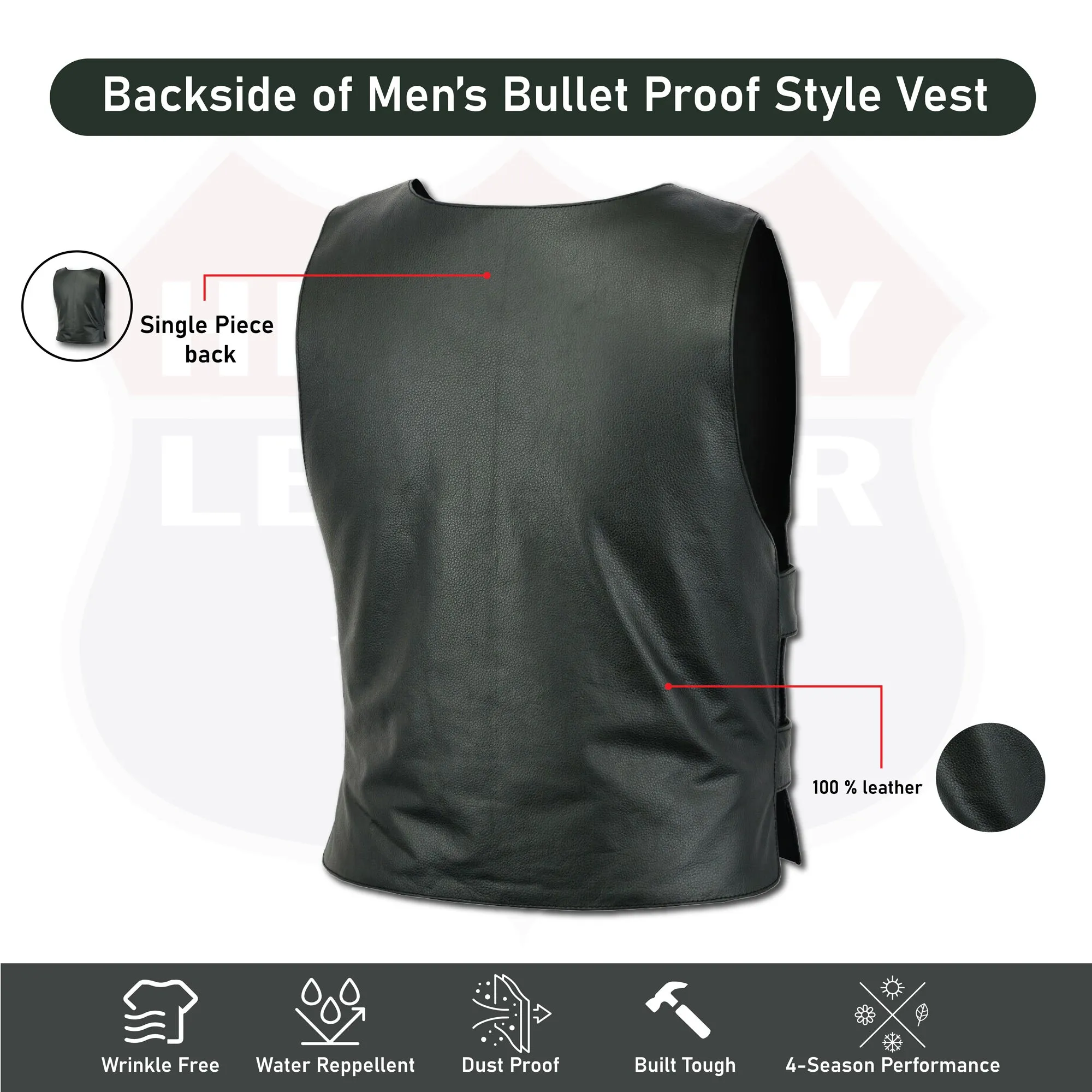 HL11643Black Men Bullet Proof style Leather Motorcycle Vest for bikers Club Tactical Vest