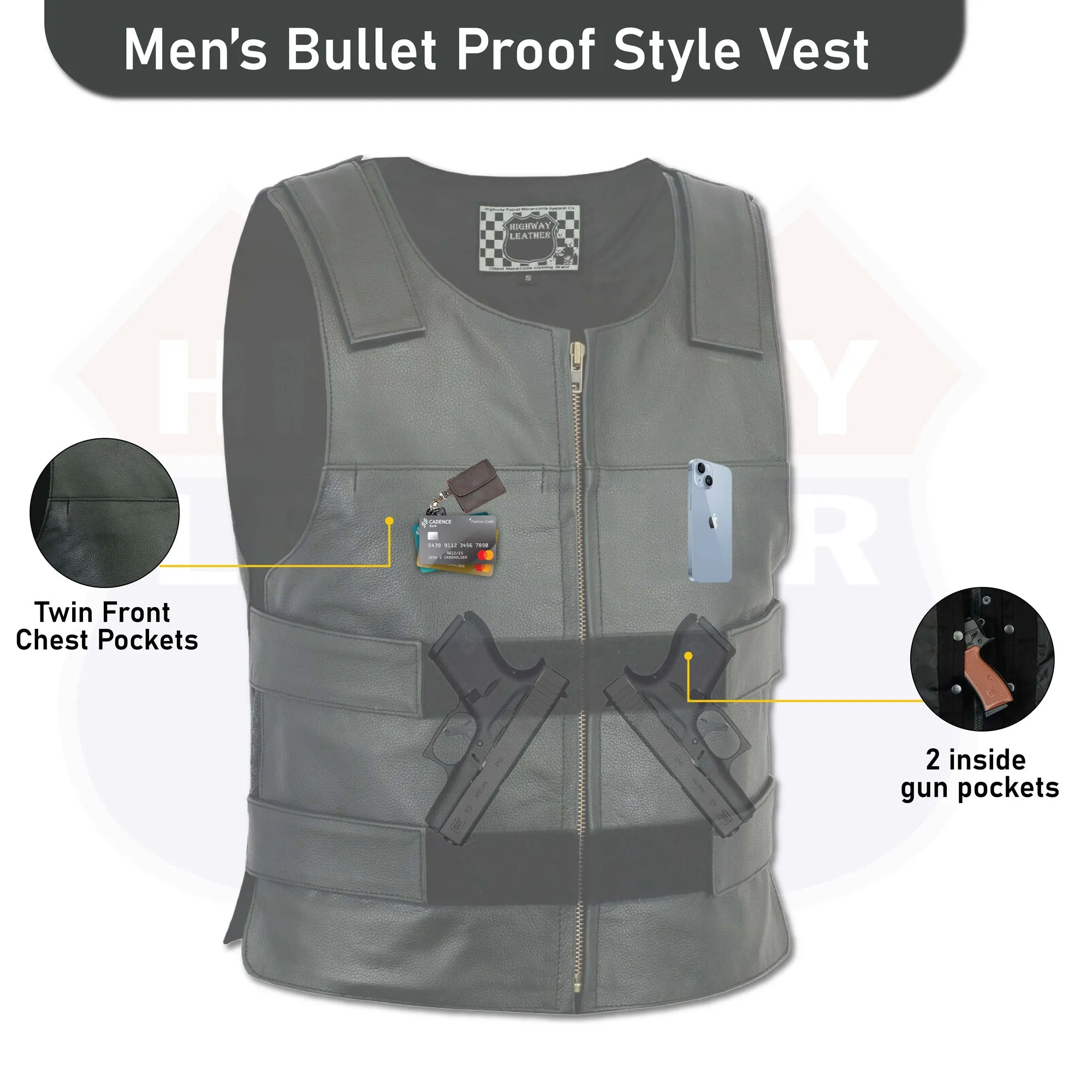 HL11643Black Men Bullet Proof style Leather Motorcycle Vest for bikers Club Tactical Vest