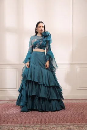 Jade green multi-layer lehenga set with ruffle dupatta