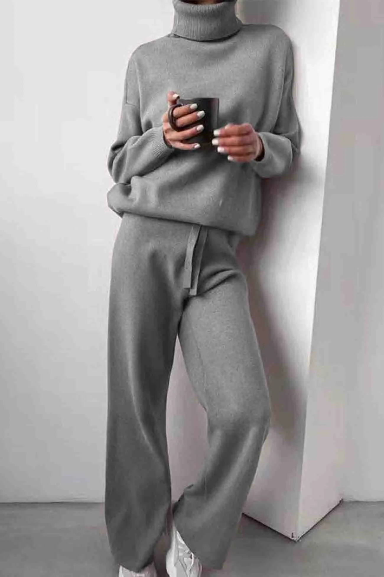 Joskaa Solid Turtleneck Long Sleeve Long Pant Knitted Set