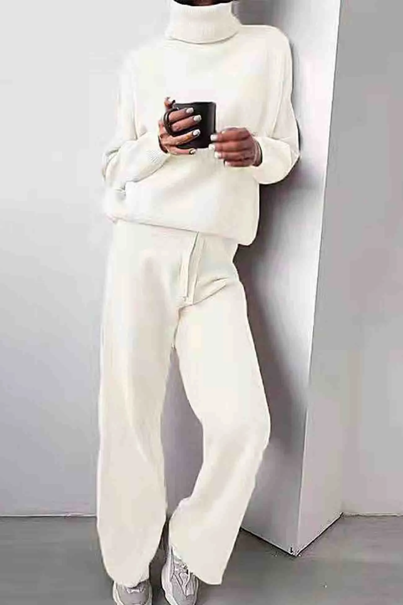 Joskaa Solid Turtleneck Long Sleeve Long Pant Knitted Set