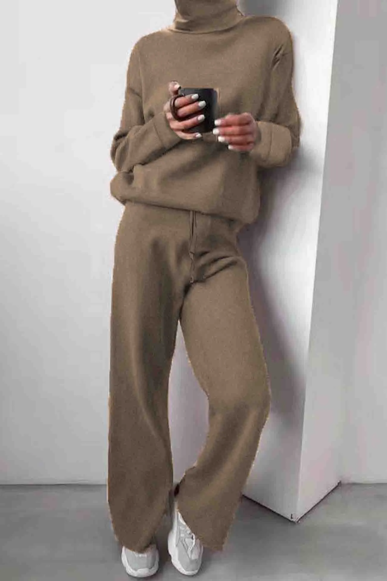 Joskaa Solid Turtleneck Long Sleeve Long Pant Knitted Set